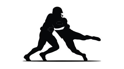 Fototapeta premium American football player running with ball while being tackled in silhouette style isolated on white background