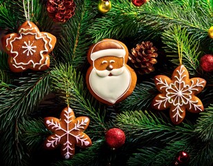 Close-up of Pine branches decorated with Christmas gingerbread cookies