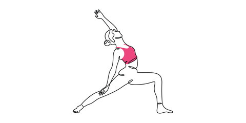 Woman in warrior two yoga pose fitness exercise continuous one line drawing vector illustration