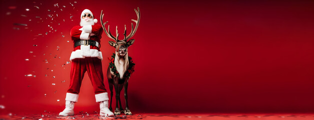Santa Claus with sunglasses blowing bubblegum and a reindeer with a festive wreath on red background. Banner template for Christmas celebration and Winter holidays with copy space.