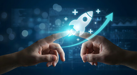 Innovative Business Growth Concept with Rocket Launch and Arrow Upward Digital Graphics