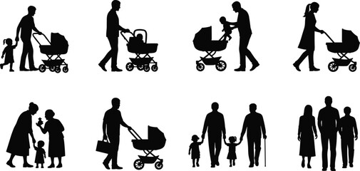 Family caregiving and stroller icon set, black silhouette illustrations of parenting, grandparenting, and child interaction scenes graphic