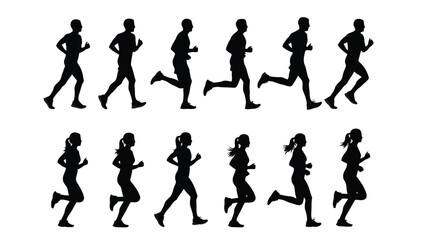 Silhouettes of men and women running in various positions against a white background