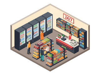 Isometric vector illustration of a 24/7 convenience store interior with customers shopping aisles, refrigerated drinks, stocked shelves, and cashier checkout, ideal for retail, food service, and urban