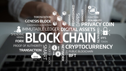 Visual representation of blockchain technology features various terms related to digital assets and cryptocurrency, showcasing innovation in finance and data management. Tessel