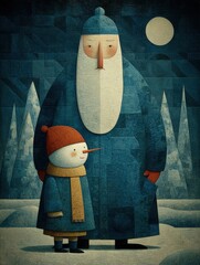Winter illustration of a bearded man and a smiling snowman