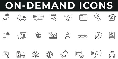 On-Demand Icons vector illustration with thin line editable stroke containing delivery, streaming, e-learning, cloud service, online order, remote work, instant access, real time tracking, fitness app