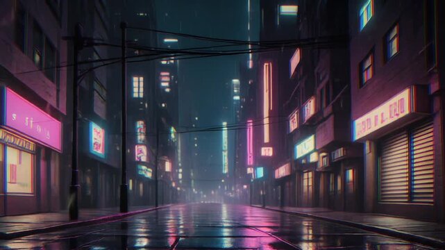 Wide shot of a vibrant, neon-lit city street at night with wet pavement reflecting colorful lights, bustling urban scene.