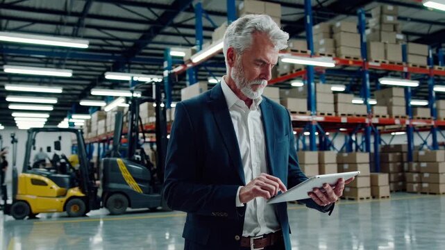 Senior adult manager expertly checking inventory and managing supply chain logistics, reflecting modern business efficiency and operational control within a bustling distribution warehouse
