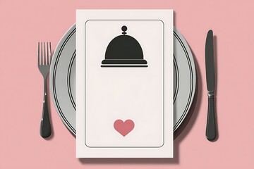 A stylish and elegant table setting featuring a plate, cutlery, and a menu with a heart design on a pink background.