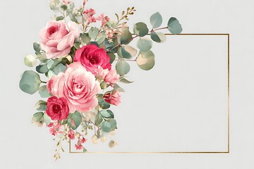 A watercolor floral arrangement featuring pink and red roses with eucalyptus leaves, framed in gold, perfect for invitations and elegant designs.