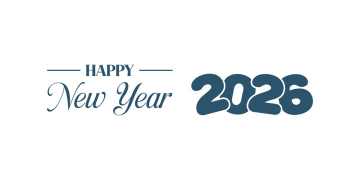 Elegant &ldquo;Happy New Year 2026&rdquo; typography design in dark blue on white background, modern calligraphy combined with bold numbers and swoosh element, perfect for holiday greetings, banners, and invitati