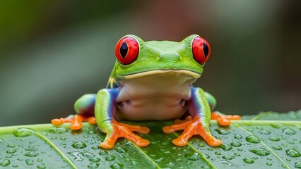 A striking red-eyed tree frog with bright green skin and orange feet rests on a large, dew-covered leaf in a lush jungle environment, displaying its colorful body.