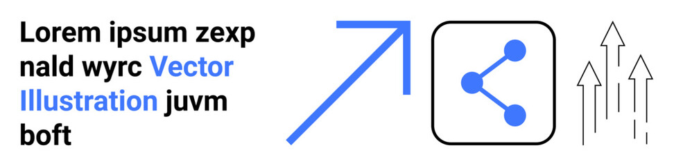 Technology, social media, digital marketing, business growth, networking, data flow. Blue upward arrow and connection icon alongside graphic arrows. Social media and business growth concept