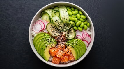 Fresh poke bowl with salmon, avocado, edamame, radishes, and cucumber on rice in a white bowl