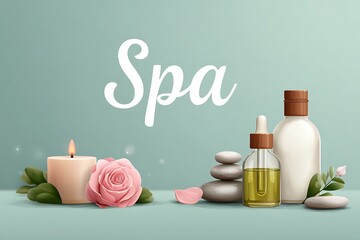A serene spa scene featuring a candle, rose, essential oil, and stones, promoting relaxation and wellness.