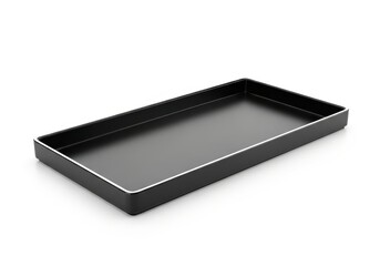 Rectangular dark serving tray rests diagonally on a pure white background