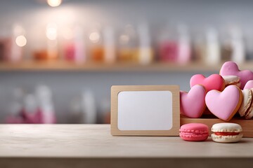 A delightful display of heart-shaped cookies and macarons with a blank wooden frame, perfect for Valentine's Day promotions.