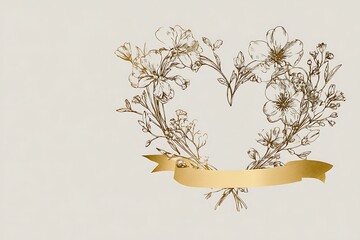A vintage-style floral heart frame with a golden ribbon, perfect for wedding invitations and romantic celebrations, with delicate and elegant design.