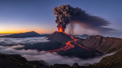 Majestic volcano eruption at dawn with flowing lava and smoke over mountain landscape