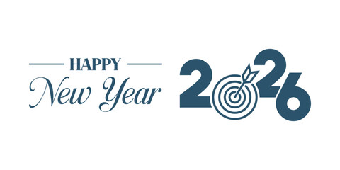 Elegant “Happy New Year 2026” typography design in dark blue on white background, modern calligraphy combined with bold numbers and swoosh element, perfect for holiday greetings, banners, and invitati © bibin