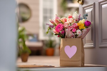A beautiful bouquet of flowers in a paper bag with a heart, left at the doorstep as a thoughtful gift.