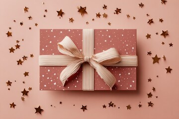 A beautifully wrapped gift box with a star pattern and elegant ribbon, surrounded by golden star confetti.