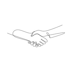 A minimalist line drawing depicts two hands engaged in a firm handshake
