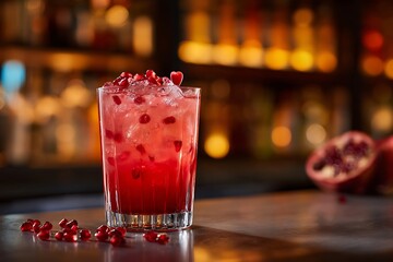A vibrant pomegranate cocktail with ice and seeds, garnished with a heart, set against a blurred bar backdrop.