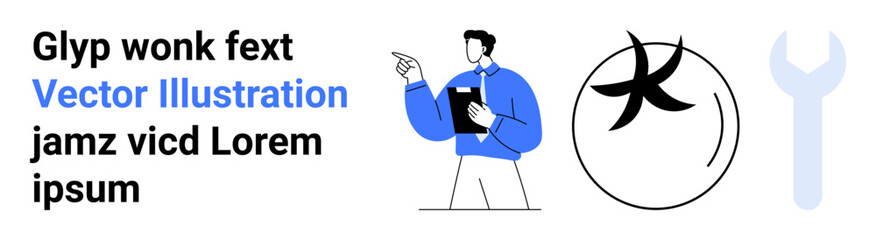 Business strategy, professional analysis, repair services, decision making, branding concepts, workplace tools. Person holding clipboard, abstract icon and wrench. Business strategy and repair