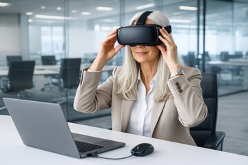 Elderly businesswoman wearing VR headset at modern office desk with laptop and mouse, professional indoor setting, concept of digital transformation. Ai generative
