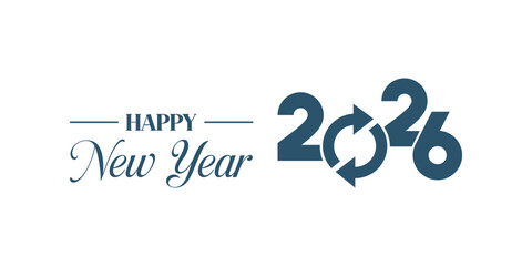 Elegant “Happy New Year 2026” typography design in dark blue on white background, modern calligraphy combined with bold numbers and swoosh element, perfect for holiday greetings, banners, and invitati © bibin