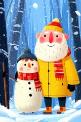 Happy man and snowman in a snowy winter forest illustration