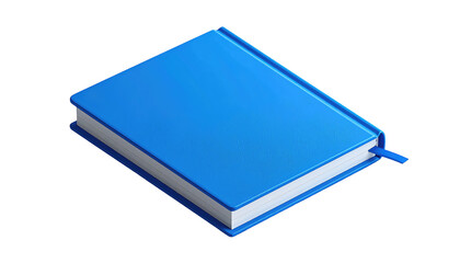 Isometric view of a closed, light-blue notebook with a dark-blue spine and a bookmark. It sits on a black background, with the pages visible