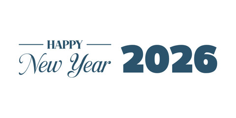 Elegant “Happy New Year 2026” typography design in dark blue on white background, modern calligraphy combined with bold numbers and swoosh element, perfect for holiday greetings, banners, and invitati