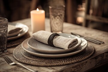 A rustic and elegant table setting with neutral tones, featuring a candle, glassware, and linen napkin.