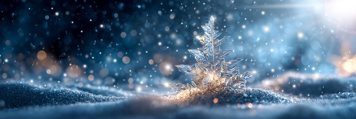 A Hyper-Realistic Macro Image of a Snow Crystal, Shaped Like a Christmas Tree, Resting on Fresh Snow at Night, Illuminated by Magical Cinematic Light and Surrounded by Falling Snow. Generative Ai.