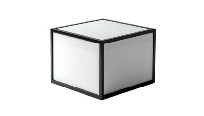 White cube outlined in black on black, light gradient on sides, simple, minimalistic, clean, and modern design