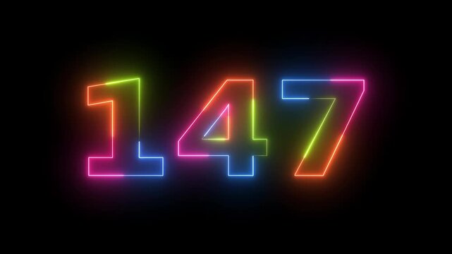 Neon numbers 147 glow on black background