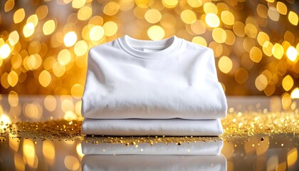 Clean white sweatshirt mockup on a reflective surface with festive gold glitter
