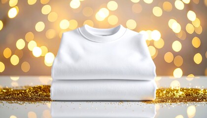 Clean white sweatshirt mockup on a reflective surface with festive gold glitter
