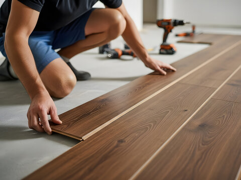 Man installing interlocking laminate wood flooring planks | DIY project for laying floating floor in new apartment | Close up of clicking dark wood floor panels together | Home owner doing renovation 