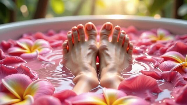 Feet soaking in a floral bath surrounded by vibrant pink and yellow blossoms, relaxing spa atmosphere with soft light and soothing beauty aesthetic. 
