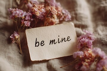 A romantic still life featuring dried flowers and a card with the message 'be mine', conveying love and affection.