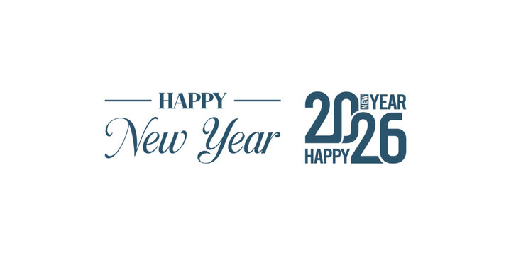 Elegant &ldquo;Happy New Year 2026&rdquo; typography design in dark blue on white background, modern calligraphy combined with bold numbers and swoosh element, perfect for holiday greetings, banners, and invitati
