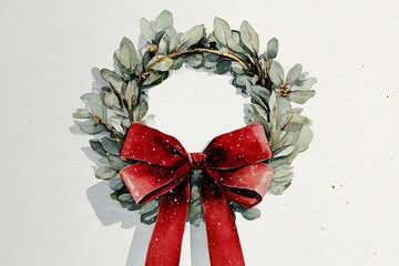 A festive watercolor Christmas wreath with a red bow, capturing the holiday spirit and elegant botanical details.
