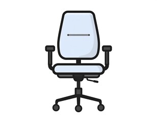 An illustrated office chair, front view. The seat, back, armrests, and base are rendered with bold outlines and flat colors against a white background