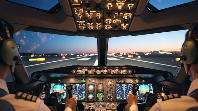 Two african american men flying airplane on night runway from cockpit view. Pilots preparing for takeoff and in flight simulation.