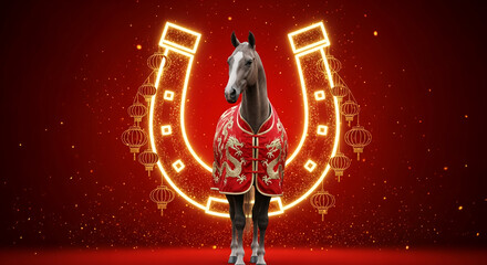 Image of gray horse in red robe, horseshoe and lantern on red sparkling background, representing luck, prosperity and Asian Lunar New Year theme