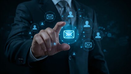 a person interacting with digital email icons, showcasing digital communication and modern technology. The image represents the concepts of online messages, data transmission and global network